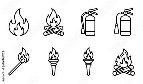 Photos Fire Icons Set: Flame, Campfire, Extinguisher, Torch, Matchstick, Vector Graphic