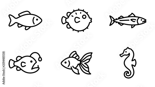 Photos Simple Line Art Fish Icons, Marine Life Vector Set, Ocean Creatures Collection,