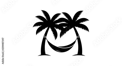 Palm trees stand tall on both sides of a relaxation hammock stretched between them to evoke a sense of tropical vacation, summer leisure, and peaceful island getaways for travel marketing.