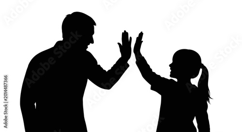 Foto Father and daughter silhouettes captured in a high-five gesture symbolize strong family bonds, parental support, childhood joy, and the positive connection between generations