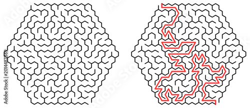 Canvas Print Hexagonal labyrinth puzzle with highlighted solution path