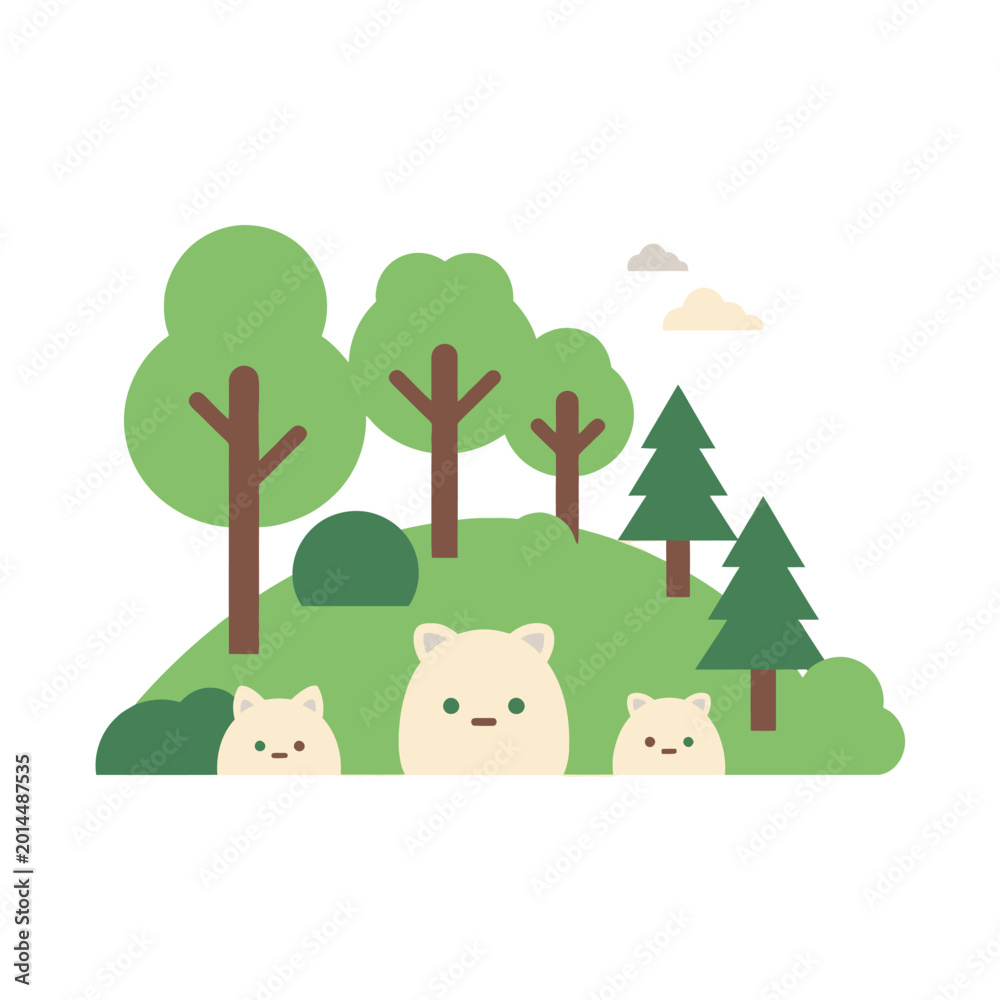Obraz premium Cute cartoon bears in a whimsical forest landscape with trees and bushes