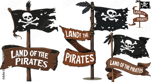 Tableau sur toile Vintage pirate flags and wooden signs set, Jolly Roger skull and crossbones bann