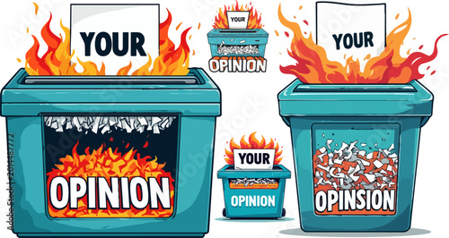 Photos Satirical burning trash bin vector set, dumpster fire with your opinion text, me