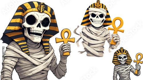 Foto Ancient Egyptian mummy skeleton vector set, undead pharaoh skull character with