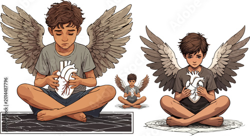 Tableau sur toile Sad angel boy holding anatomical heart vector, grieving child with wings sitting