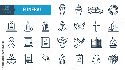 Schilderij op canvas Funeral Services and Memorial Thin Line Icon Set featuring Burial and Remembranc