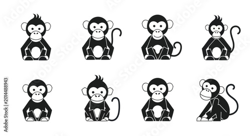 Photography Cute Cartoon Monkey Set - Black and White Vector Illustrations