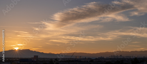 Photography Las Vegas Nevada Skyline with Stratosphere Tower and Desert Mountain Backdrop f