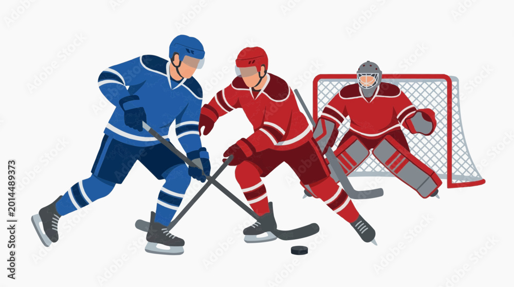 Fototapeta premium Ice hockey players in action, one in blue and one in red jersey fighting for the puck in front of the goal