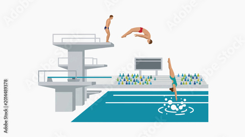 Illustration of professional divers performing jumps from a high diving platform into a swimming pool
