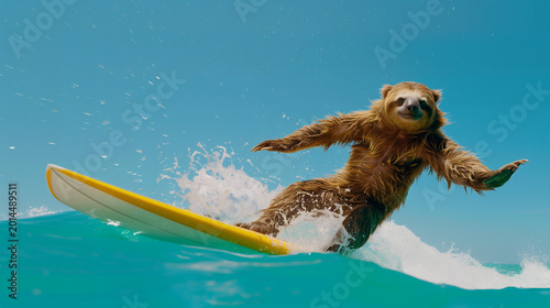 Funny surfing sloth riding ocean wave with tropical summer energy. Adorable lazy animal balancing on surfboard in vibrant turquoise water with playful action and copy space. AI generated