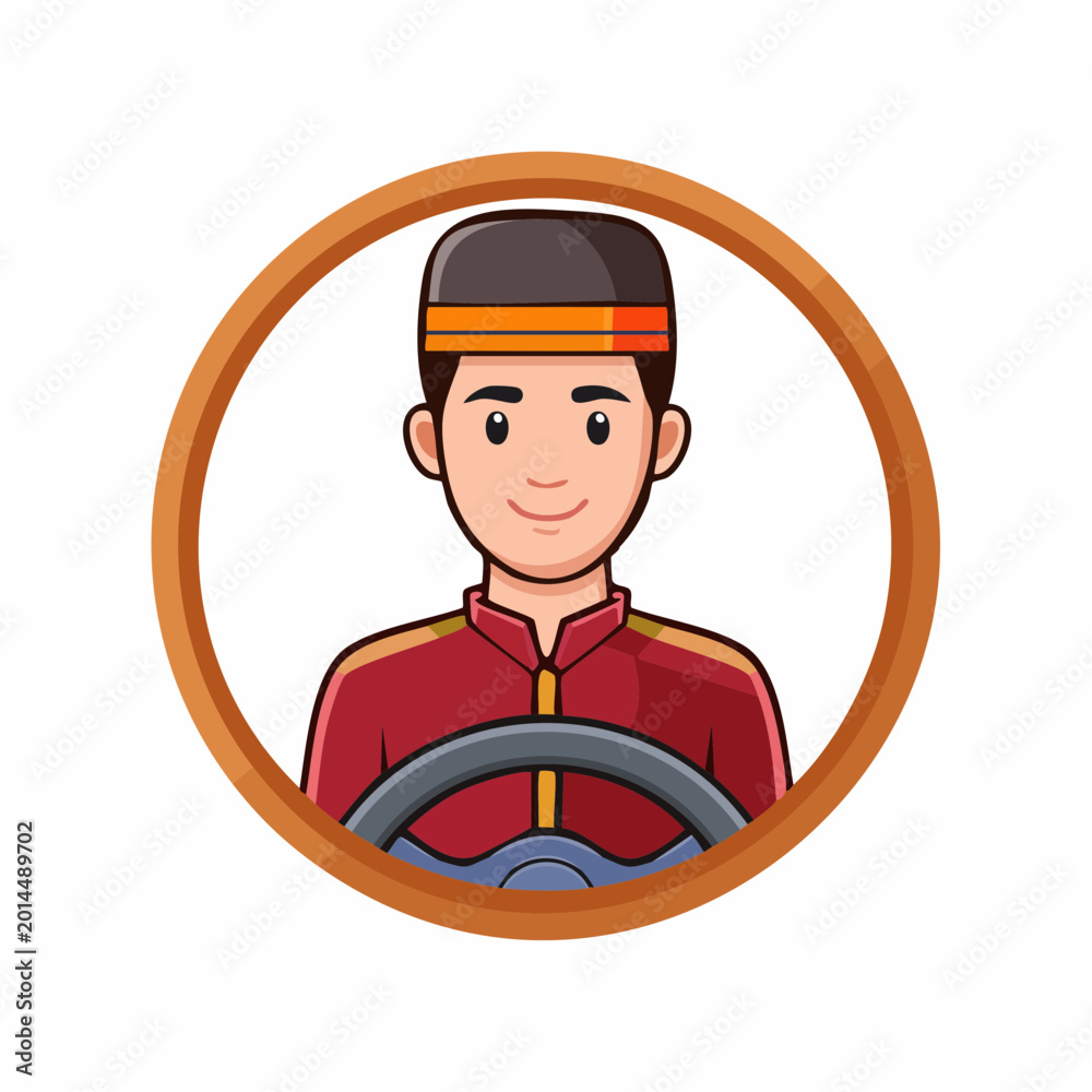 Fototapeta premium Happy Cartoon Driver Wearing Traditional Hat Behind Steering Wheel