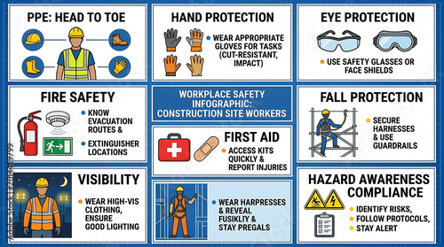 Comprehensive Workplace Safety Infographic for Construction Site Laborers Highlighting Personal Protective Equipment Eye Gear Hand Guard Fire Prevention First Aid Fall Arrest and High Visibility