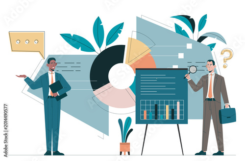 Two business people reviewing charts in flat graphic style on a light background, presenting a concept of teamwork, strategy and data analysis. Hand-drawn vector illustration