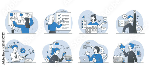 Various people performing task planning, scheduling, communication, support and productivity activities in line-art style, concept of workflow efficiency. Hand-drawn vector illustration