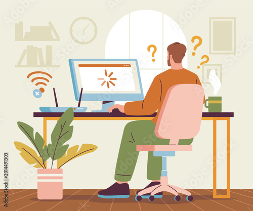 A person at a desk facing a frozen computer screen in flat style on a soft indoor background, showing concept of slow connection and digital frustration. Vector illustration