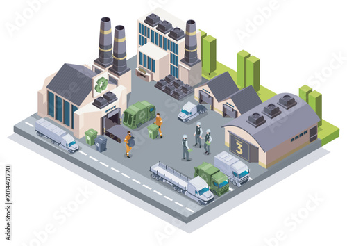 Industrial recycling facility with workers and trucks in isometric style on white background illustrating waste management concept. Hand-drawn vector illustration