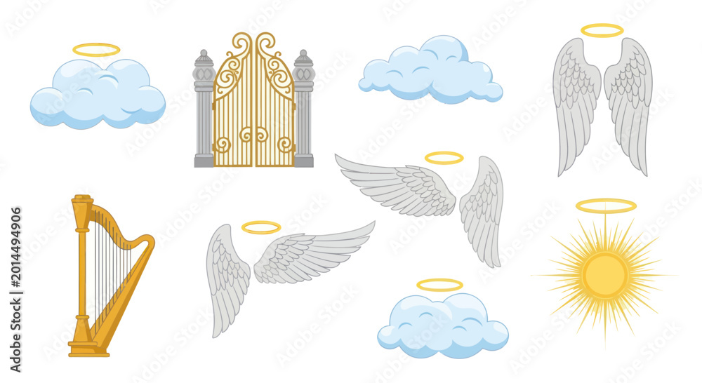 Εκτύπωση καμβά Heavenly Symbols: Angel Wings, Golden Gates, Harp, Clouds, and Sun