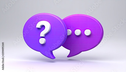 Purple speech bubbles with question mark and ellipsis against a grey background