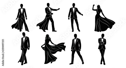 Elegant couple silhouettes in formal wear, luxury fashion poses