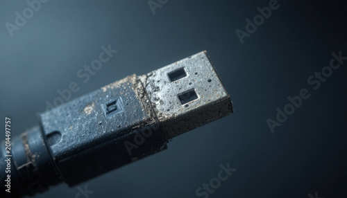 Macro View of a Dirty and Weathered USB Connector Plug on a Dark Background
