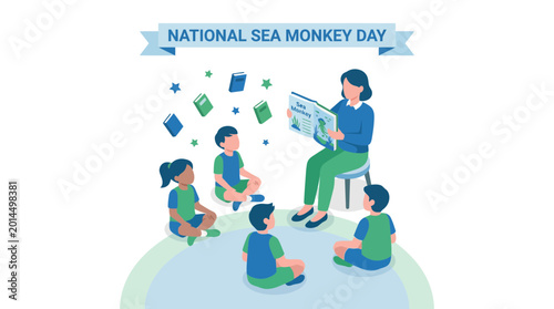 Teacher Reading Brine Shrimp Book to Children Illustration
