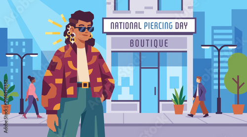 National Piercing Day celebration with stylish woman in city