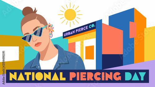 National Piercing Day Illustration with Stylish Woman and City