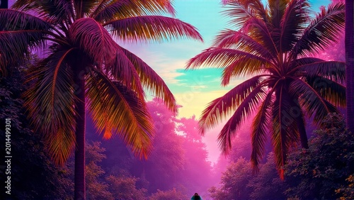 Vibrant pink sunset at beach. Palm trees in tropical forest, creating a dreamy and romantic atmosphere.