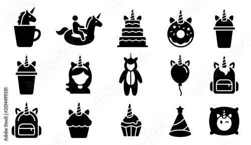 Konstfotografi Unicorn Lifestyle Silhouette Set – Coffee, Donut, Cake, Backpack, Pop Culture Ic
