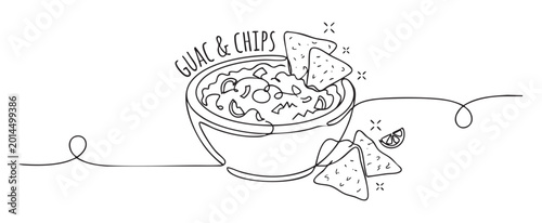 Minimalist single line art illustration of tortilla chips with guacamole in a bowl for a mexican food menu design concept, black and white vector sketch