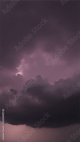 Majestic dark clouds hovering over a vibrant purple sunset, indicating the onset of a thunderstorm with dramatic lightning and turbulent weather.