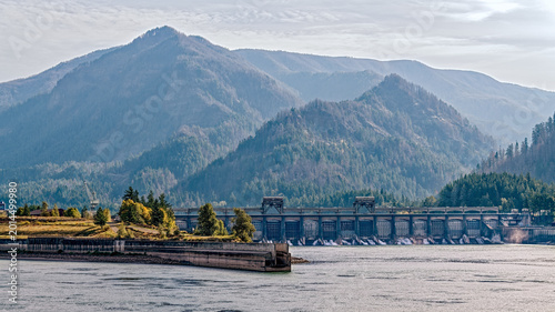 Panorama of the juvenile fish outlet chute at the Bonneville Lock and Dam on the Columbia River in Washington, USA
