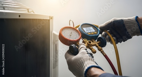 HVAC Technician Checking AC Pressure with Gauges