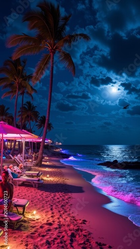 Palm trees on the beach at night, with illuminated restaurants and chairs visible.