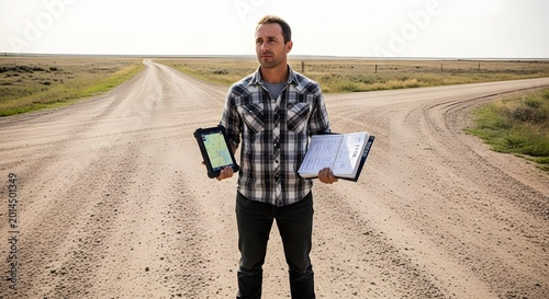 Man at Crossroads with Tablet and Binder in Rural Field