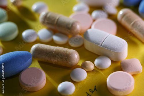 Close up of expired medicine as background