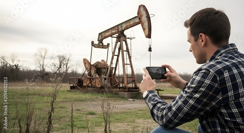 Man Taking Photo of an Old Oil Pumpjack with Smartphone