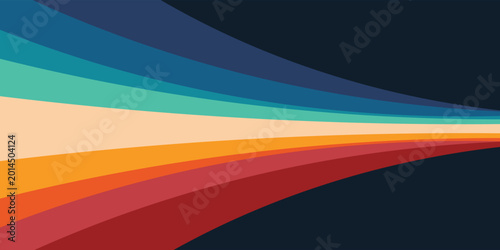 Abstract colorful 70s background vector. Vintage retro style wallpaper with lines, rainbow wavy stripes. 1970 color illustration design suitable for poster, banner, decorative, wall art.