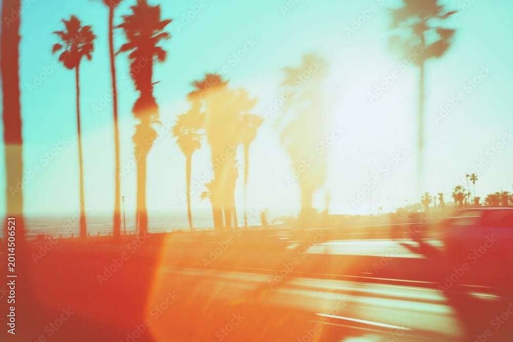 Naklejka premium Coastal highway with palm trees and light leaks during sunset on a clear day