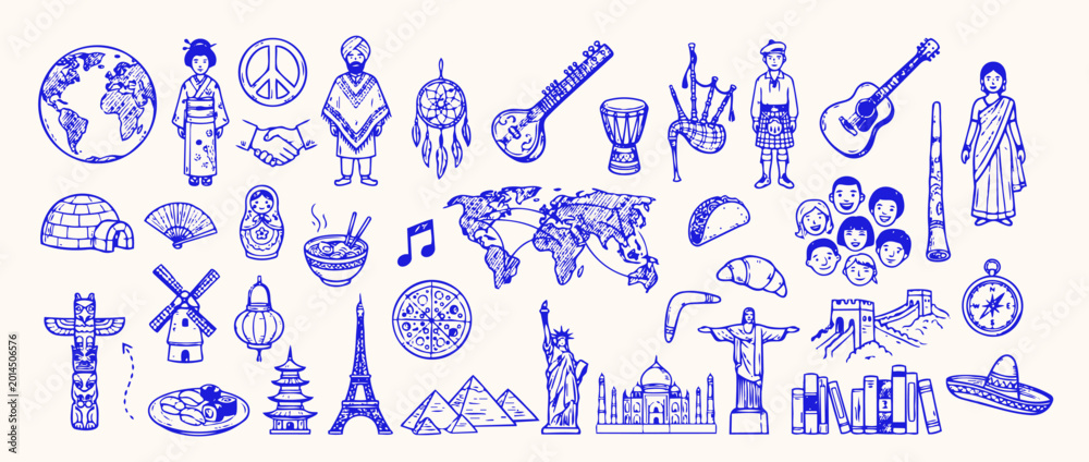 Fototapeta premium Global Cultural Icons: An artistic collection of iconic symbols representing diverse cultures and landmarks from across the globe, inviting exploration and appreciation of the world's rich heritage.