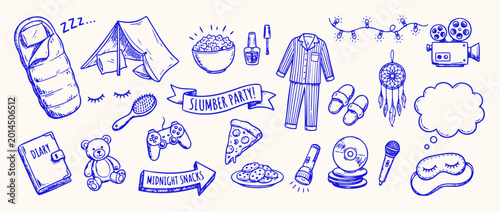 Quadro su tela Cozy Night Delights: Charming sketch elements depict the joys of a sleepover