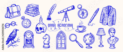 Dark Academia Aesthetic: Intricate line art depicts the iconic elements of the Dark Academia aesthetic, showcasing a collection of vintage books, a quill, telescope, compass, pocket watch, and skull.
