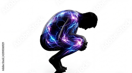 Silhouette of a person crouching in pain with blue electric lightning energy pulses illustrating intense body aches and nerve pain symptoms