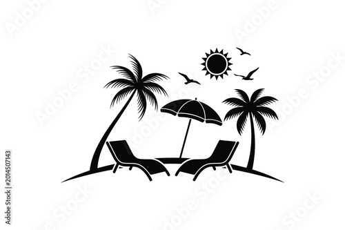 Quadro su tela Summer beach scenery with palm trees sun loungers and umbrella in silhouette sty