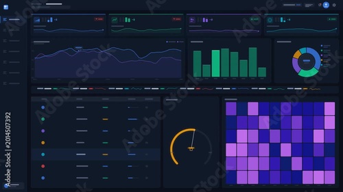 Futuristic dark UI analytics dashboard featuring real-time animated line graphs, bar charts, data tables, and a purple heatmap for business insights.