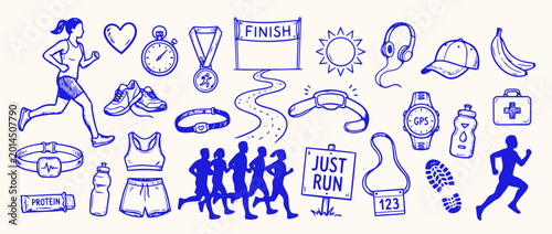 Running Essentials Doodle: A collection of hand-drawn icons celebrating running, featuring runners, finish line, accessories, capturing the spirit of fitness and the joy of the run.