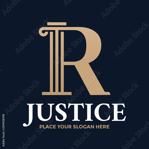 Professional gold letter R law logo featuring an ionic pillar design for legal firms and attorneys. Elegant striped column icon on a navy blue background. High-quality vector.