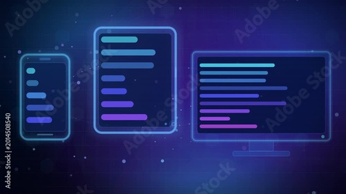 Animated glowing icons of a smartphone, tablet, and monitor showing data transfer and cloud syncing in a high-tech digital networking environment.